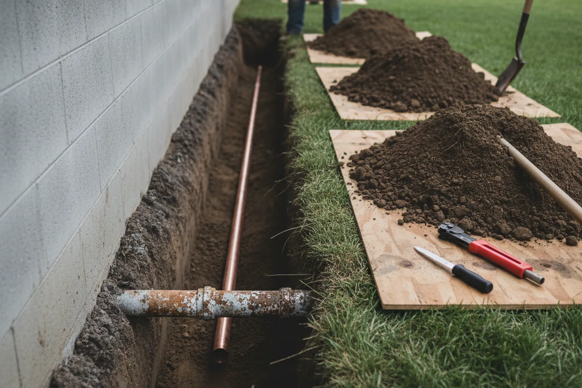 Excavated water line trench during Water Softener Installation in South Berwick